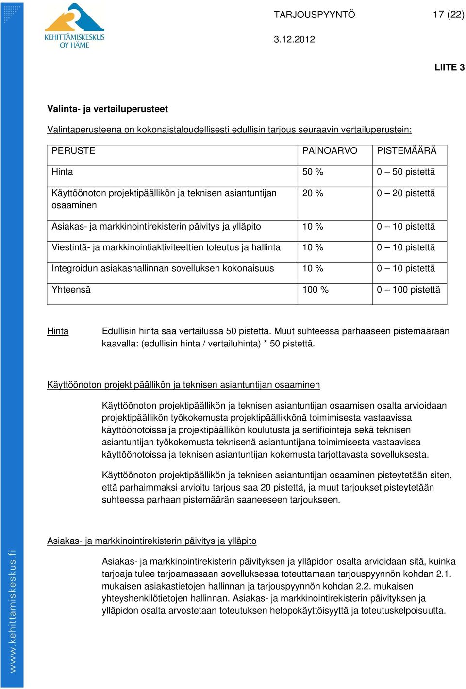 markkinointiaktiviteettien toteutus ja hallinta 10 % 0 10 pistettä Integroidun asiakashallinnan sovelluksen kokonaisuus 10 % 0 10 pistettä Yhteensä 100 % 0 100 pistettä Hinta Edullisin hinta saa