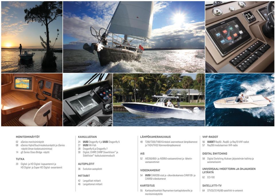CHIRP, CHIRP DownVision ja SideVision -kaikuluotainmoduulit AUTOPILOTIT 36 Evolution-autopilotit MITTARIT 42 Langalliset mittarit 46 Langattomat mittarit 48 T200/T300/T400 Kiinteästi asennettavat