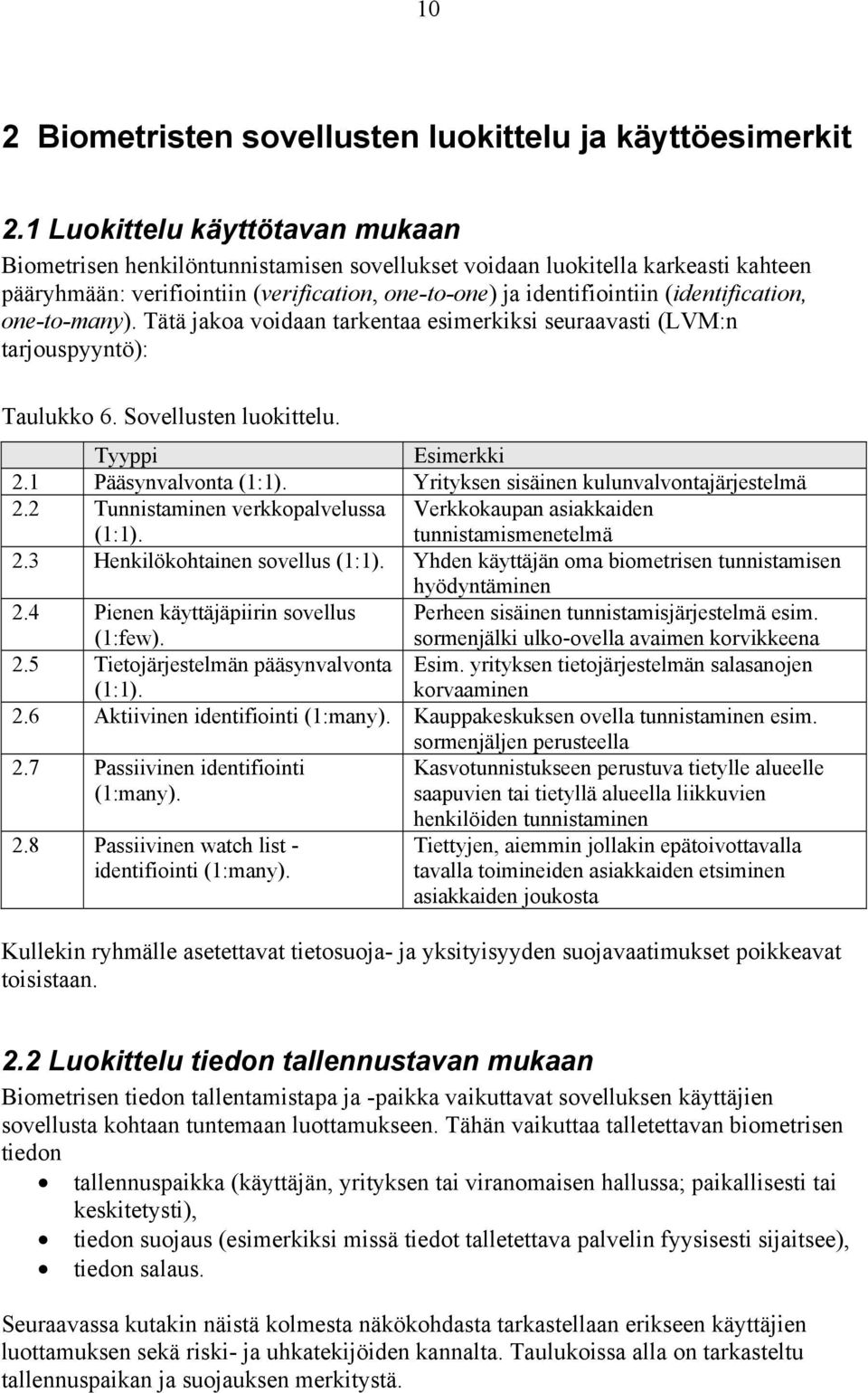 (identification, one-to-many). Tätä jakoa voidaan tarkentaa esimerkiksi seuraavasti (LVM:n tarjouspyyntö): Taulukko 6. Sovellusten luokittelu. Tyyppi Esimerkki 2.1 Pääsynvalvonta (1:1).