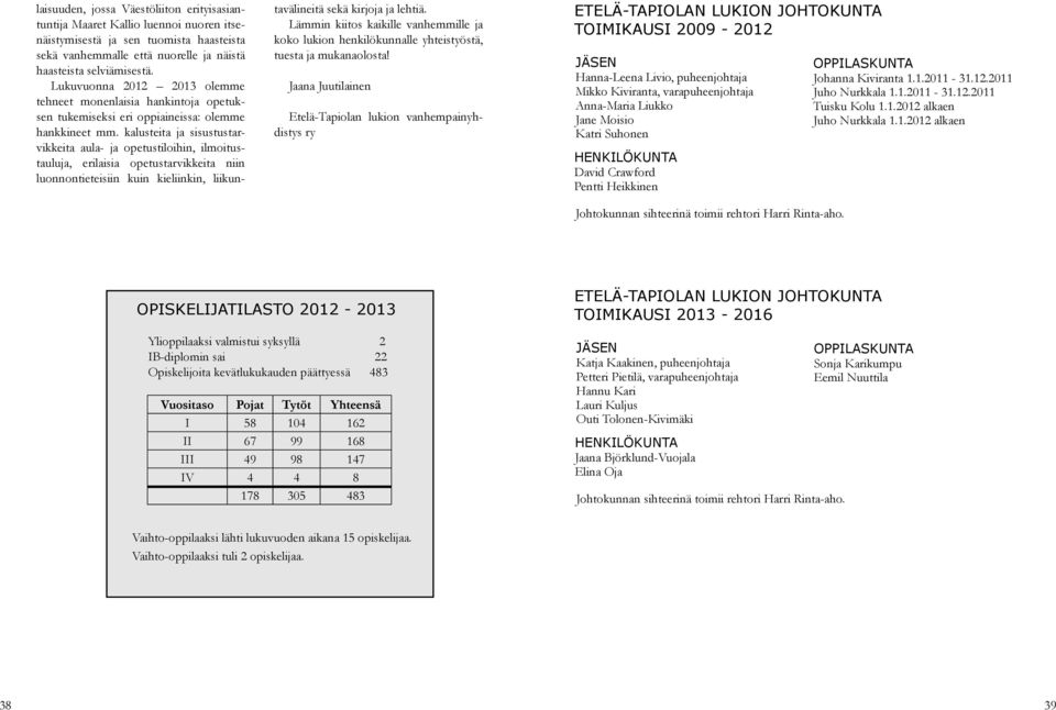 kalusteita ja sisustustarvikkeita aula- ja opetustiloihin, ilmoitustauluja, erilaisia opetustarvikkeita niin luonnontieteisiin kuin kieliinkin, liikuntavälineitä sekä kirjoja ja lehtiä.