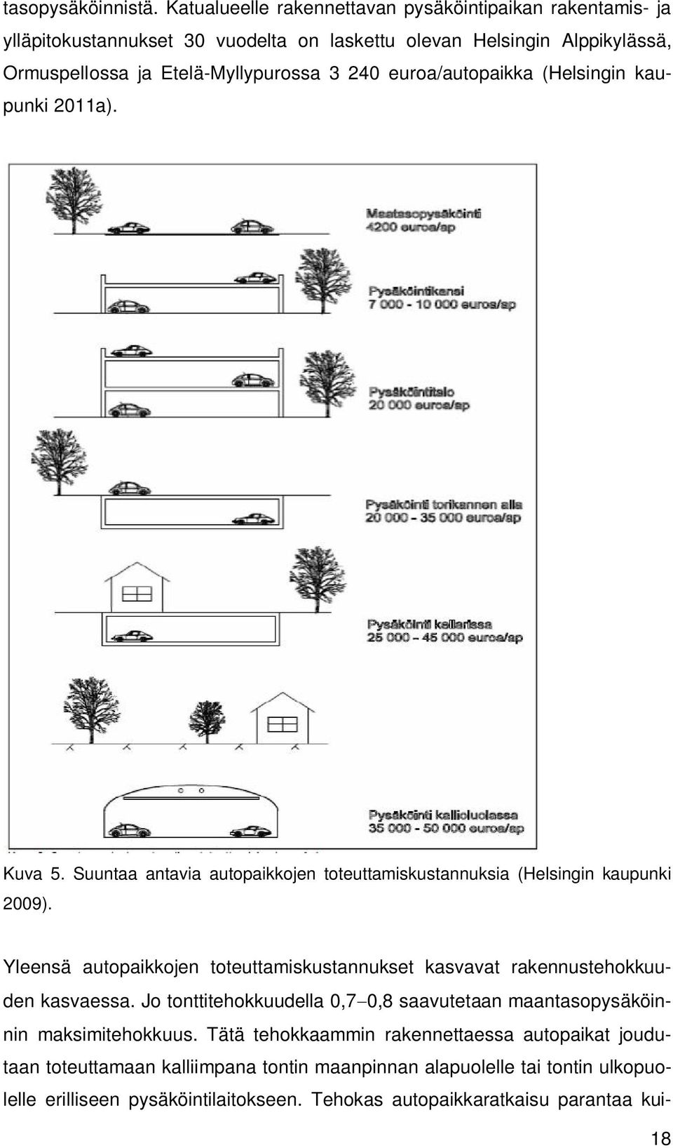 euroa/autopaikka (Helsingin kaupunki 2011a). Kuva 5. Suuntaa antavia autopaikkojen toteuttamiskustannuksia (Helsingin kaupunki 2009).