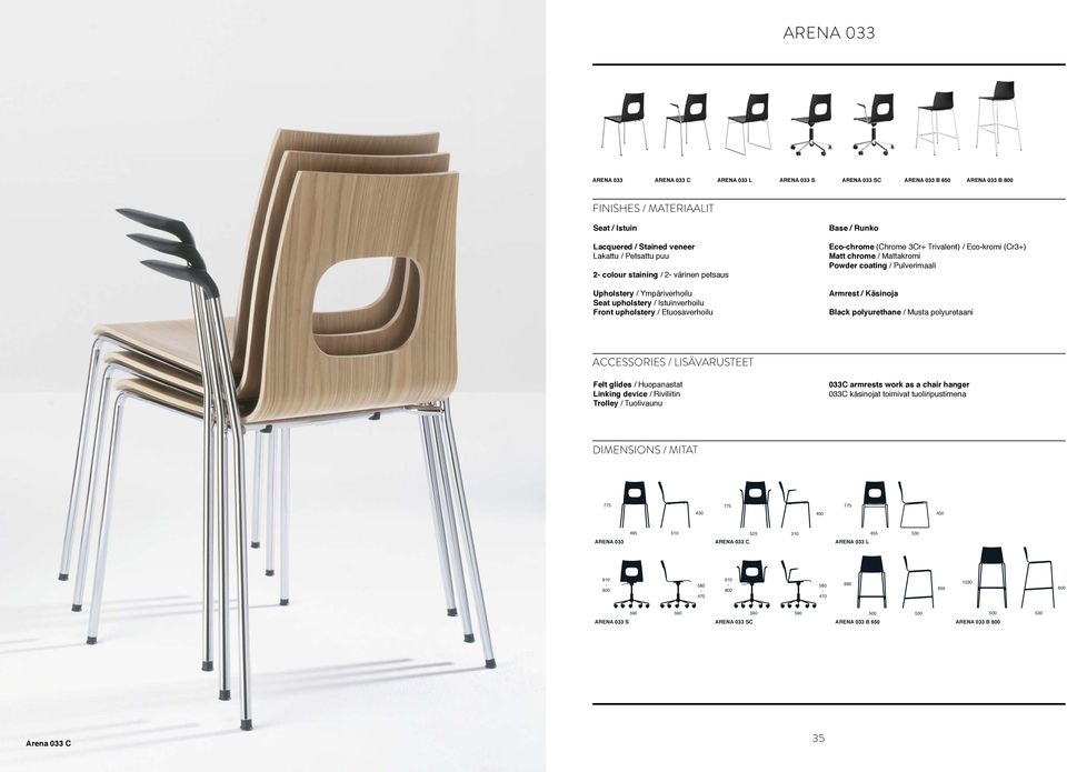 chrome / Mattakromi Powder coating / Pulverimaali Armrest / Käsinoja Black polyurethane / Musta polyuretaani ACCESSORIES / LISÄVARUSTEET Felt glides / Huopanastat Linking device / Riviliitin Trolley