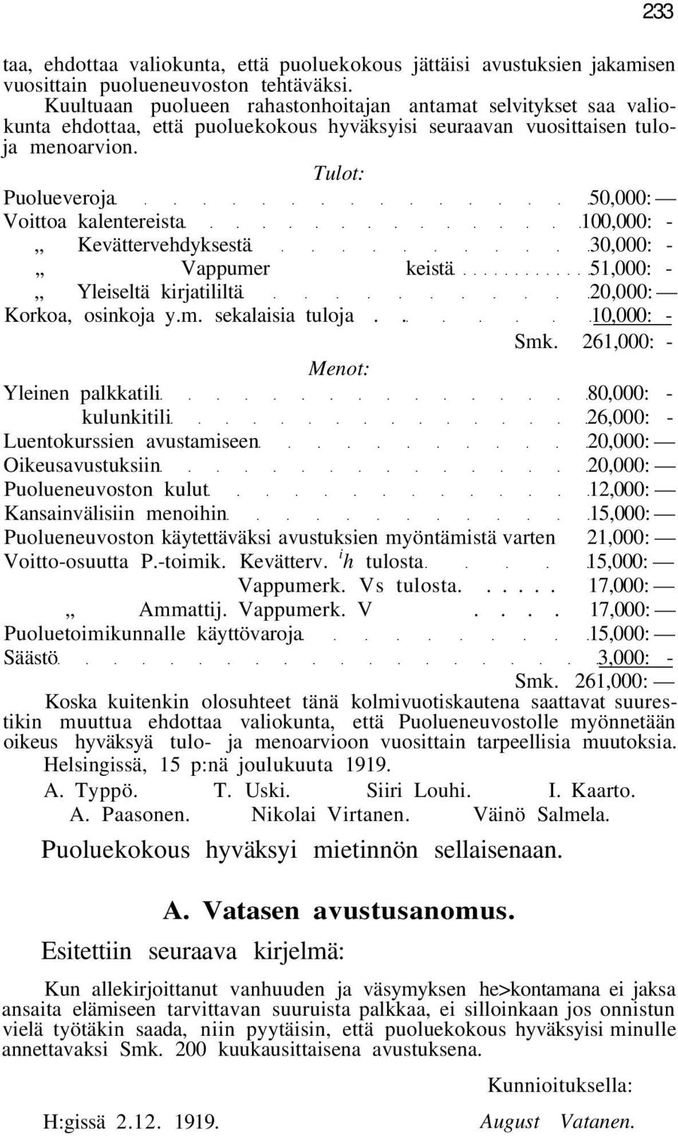 Tulot: Puolueveroja 50,000: Voittoa kalentereista 100,000: - Kevättervehdyksestä 30,000: -,, Vappumer keistä 51,000: - Yleiseltä kirjatililtä 20,000: Korkoa, osinkoja y.m. sekalaisia tuloja.