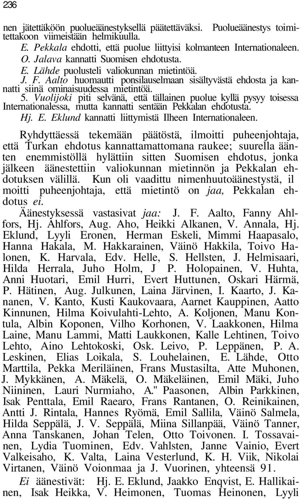 Vuolijoki piti selvänä, että tällainen puolue kyllä pysyy toisessa Internationalessa, mutta kannatti sentään Pekkalan ehdotusta. Hj. E. Eklund kannatti liittymistä Ilheen Internationaleen.