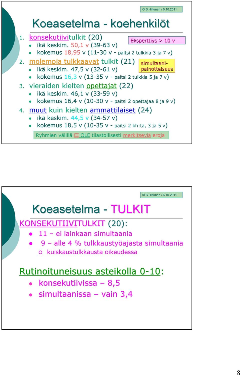 46,1 v (33-59 v) kokemus 16,4 v (10-30 v - paitsi 2 opettajaa 8 ja 9 v 4. muut kuin kielten ammattilaiset (24) ikä keskim.