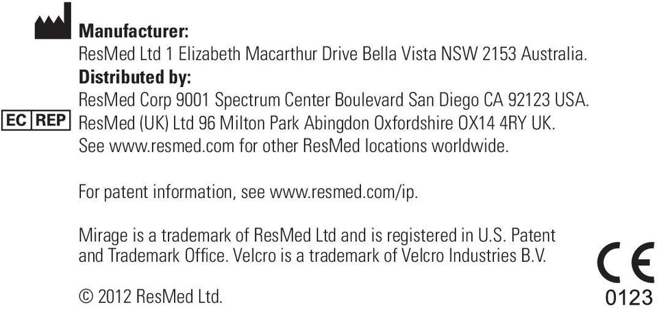 ResMed (UK) Ltd 96 Milton Park Abingdon Oxfordshire OX14 4RY UK. See www.resmed.com for other ResMed locations worldwide.