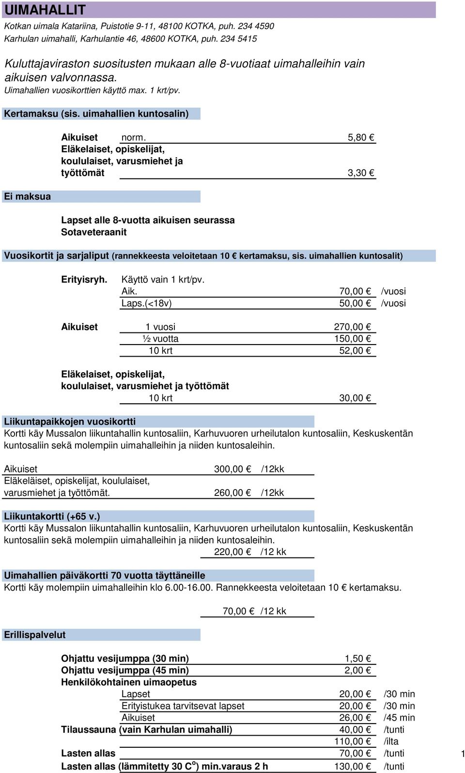 uimahallien kuntosalin) Ei maksua Aikuiset norm.