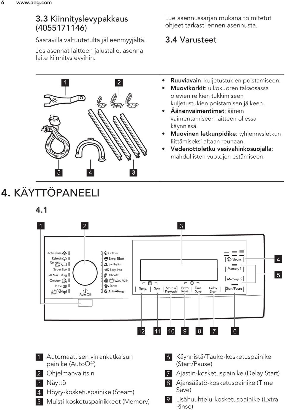 Muovikorkit: ulkokuoren takaosassa olevien reikien tukkimiseen kuljetustukien poistamisen jälkeen. Äänenvaimentimet: äänen vaimentamiseen laitteen ollessa käynnissä.