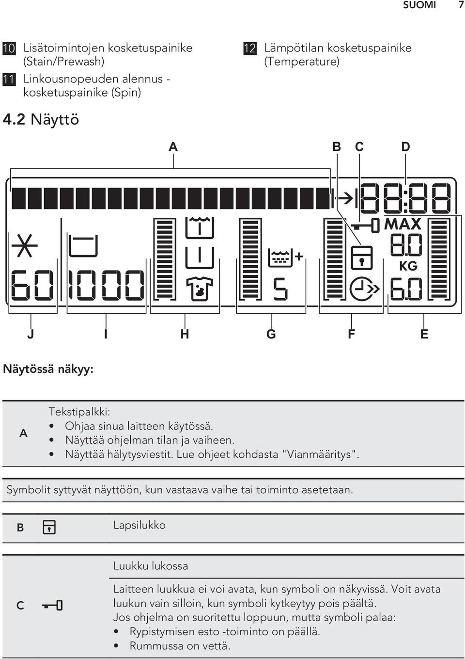 Lue ohjeet kohdasta "Vianmääritys". Symbolit syttyvät näyttöön, kun vastaava vaihe tai toiminto asetetaan.