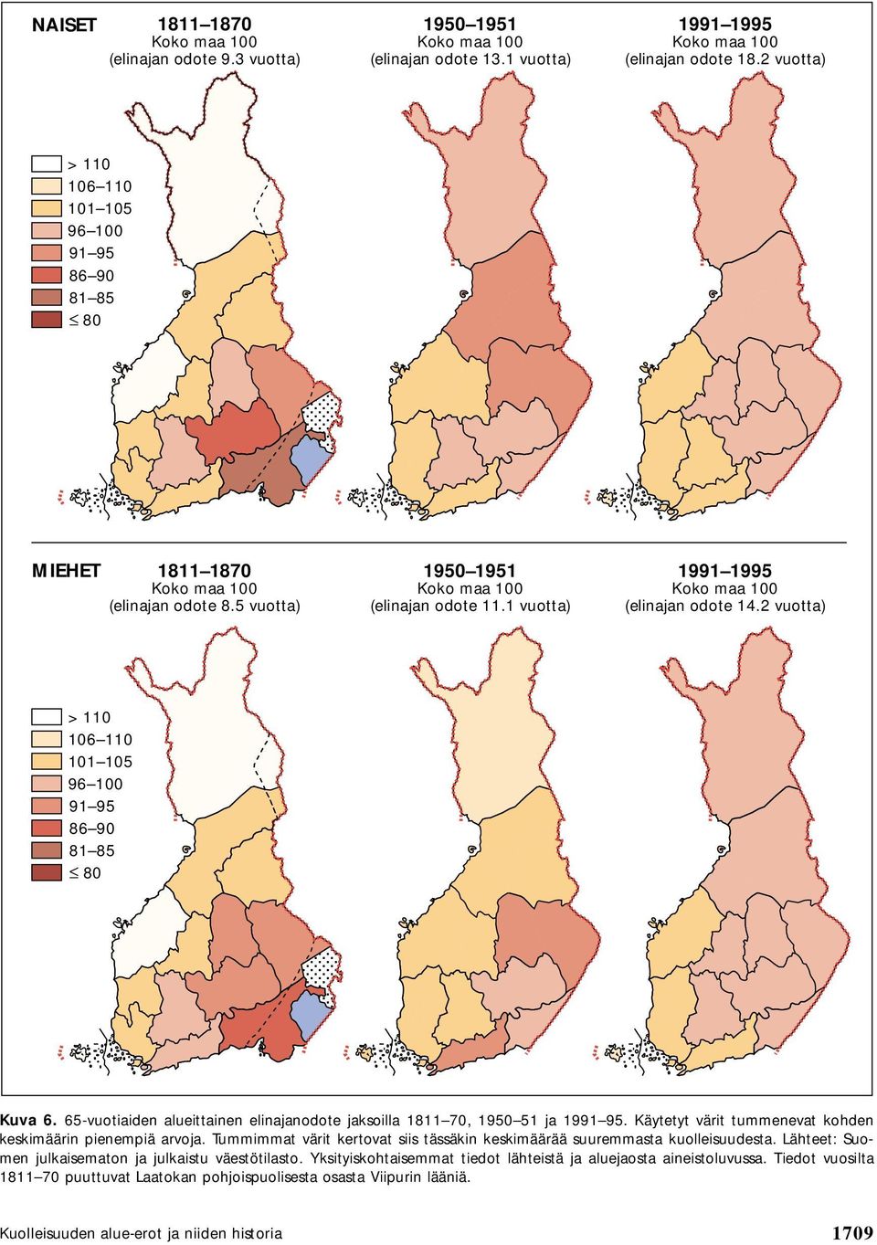 65-vuotiaiden alueittainen elinajanodote jaksoilla 1811 70, 1950 51 ja 1991 95. Käytetyt värit tummenevat kohden keskimäärin pienempiä arvoja.