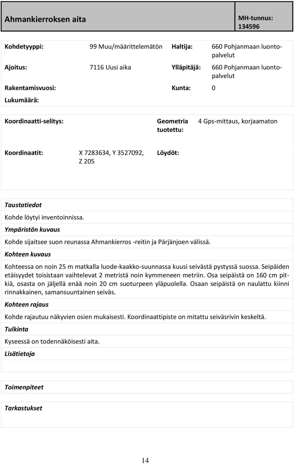 Ympäristön kuvaus Kohde sijaitsee suon reunassa Ahmankierros -reitin ja Pärjänjoen välissä. Kohteen kuvaus Kohteessa on noin 25 m matkalla luode-kaakko-suunnassa kuusi seivästä pystyssä suossa.