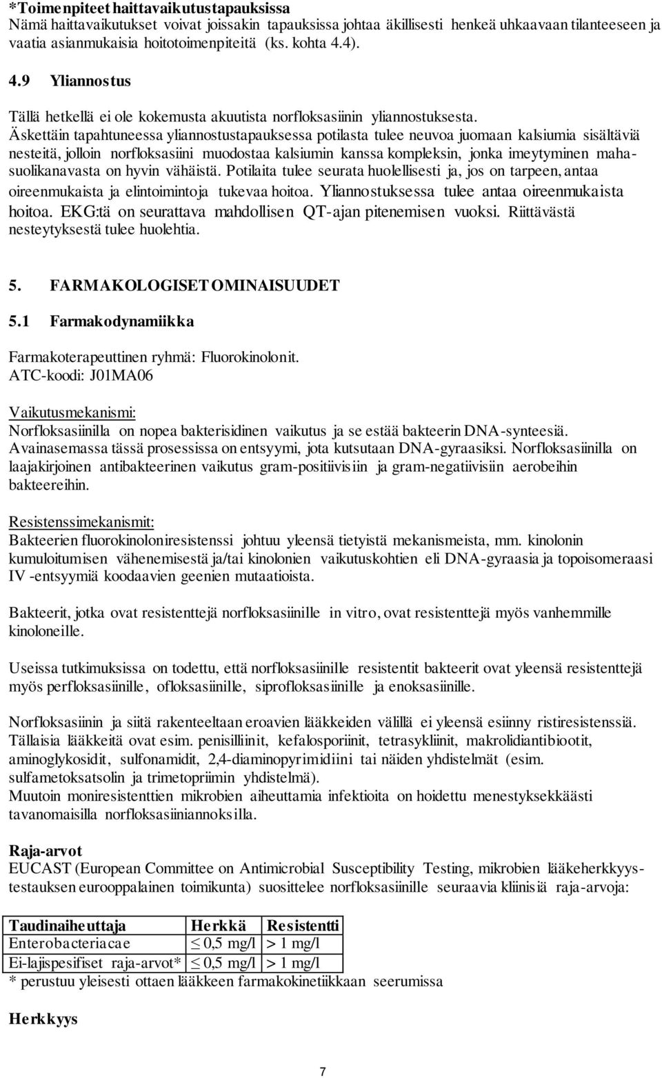 Äskettäin tapahtuneessa yliannostustapauksessa potilasta tulee neuvoa juomaan kalsiumia sisältäviä nesteitä, jolloin norfloksasiini muodostaa kalsiumin kanssa kompleksin, jonka imeytyminen