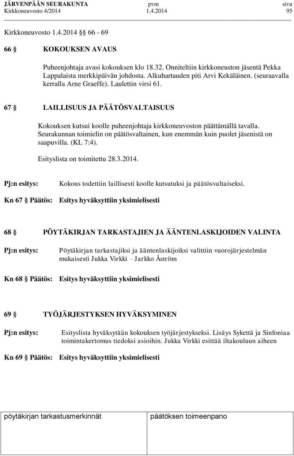 67 LAILLISUUS JA PÄÄTÖSVALTAISUUS Kokouksen kutsui koolle puheenjohtaja kirkkoneuvoston päättämällä tavalla. Seurakunnan toimielin on päätösvaltainen, kun enemmän kuin puolet jäsenistä on saapuvilla.