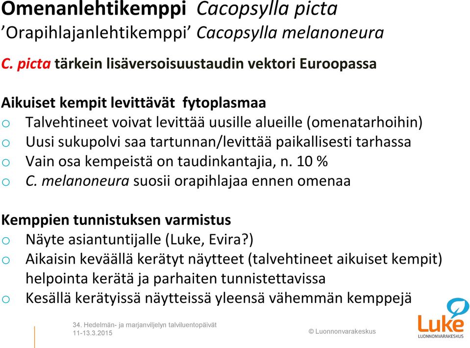 Uusi sukupolvi saa tartunnan/levittää paikallisesti tarhassa o Vain osa kempeistä on taudinkantajia, n. 10 % o C.