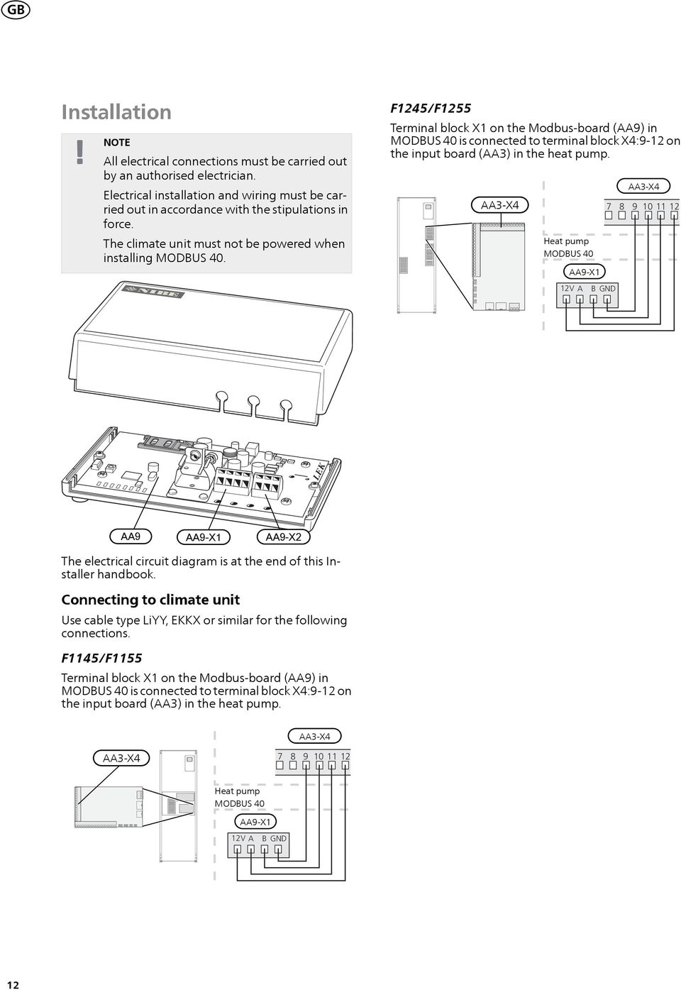 Heat pump 7 8 9 10 11 12 12V A B GND LEK AA9 AA9-X2 The electrical circuit diagram is at the end of this Installer handbook.