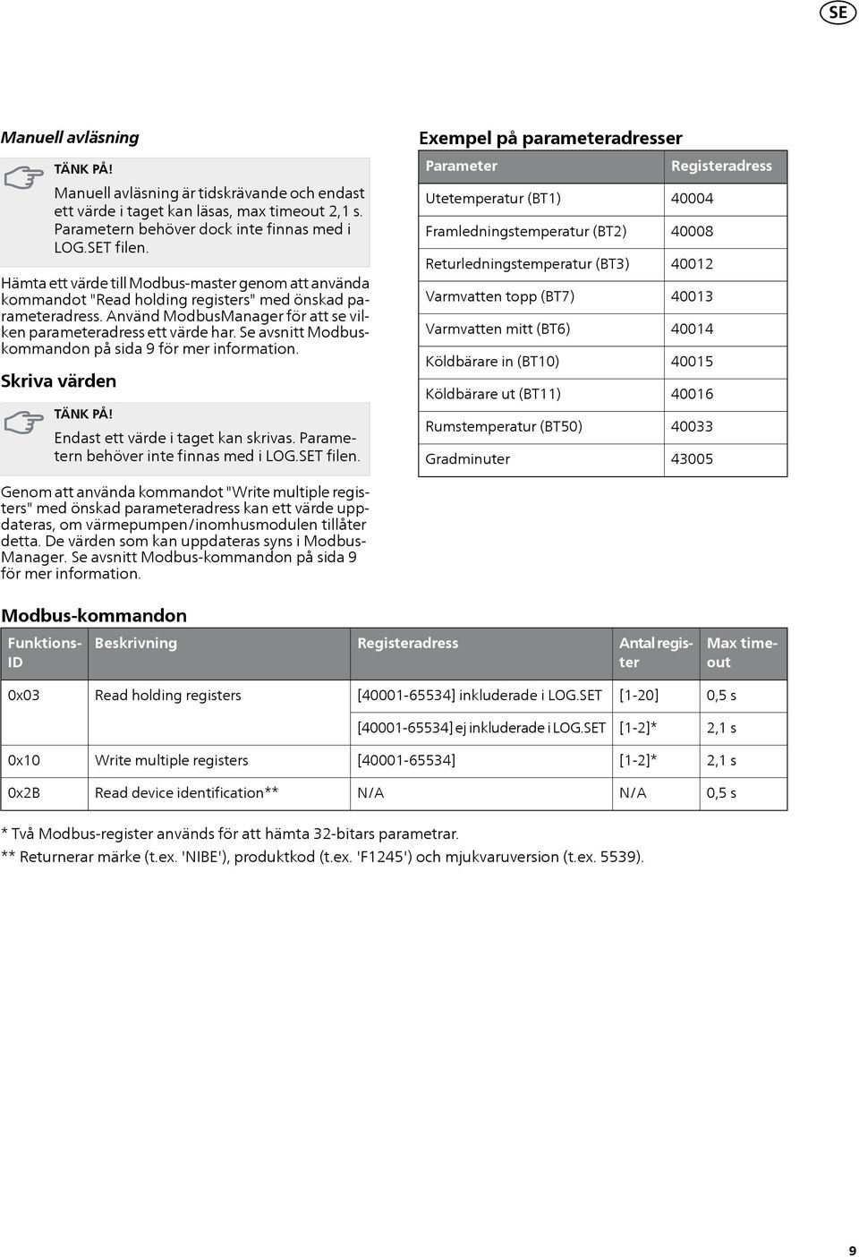 Se avsnitt Modbuskommandon på sida 9 för mer information. Skriva värden TÄNK PÅ! Endast ett värde i taget kan skrivas. Parametern behöver inte finnas med i LOG.SET filen.