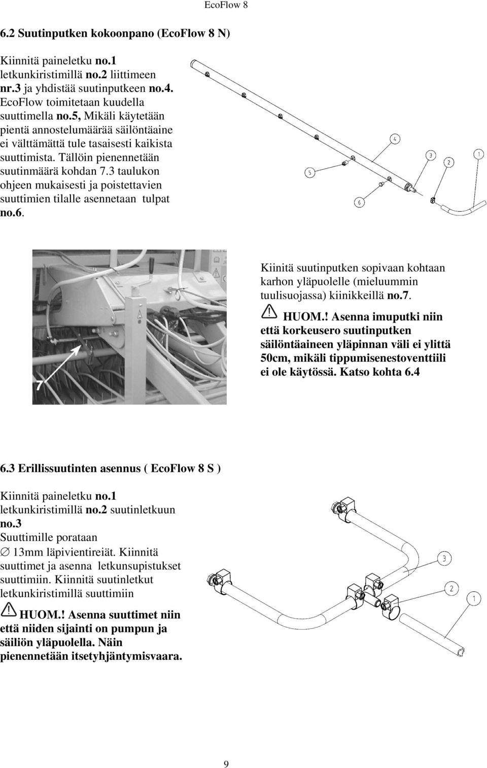 3 taulukon ohjeen mukaisesti ja poistettavien suuttimien tilalle asennetaan tulpat no.6. Kiinitä suutinputken sopivaan kohtaan karhon yläpuolelle (mieluummin tuulisuojassa) kiinikkeillä no.7. HUOM.