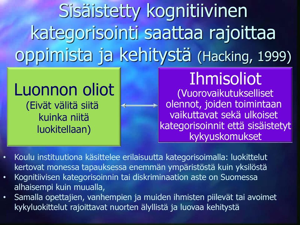 erilaisuutta kategorisoimalla: luokittelut kertovat monessa tapauksessa enemmän ympäristöstä kuin yksilöstä Kognitiivisen kategorisoinnin tai diskriminaation aste on