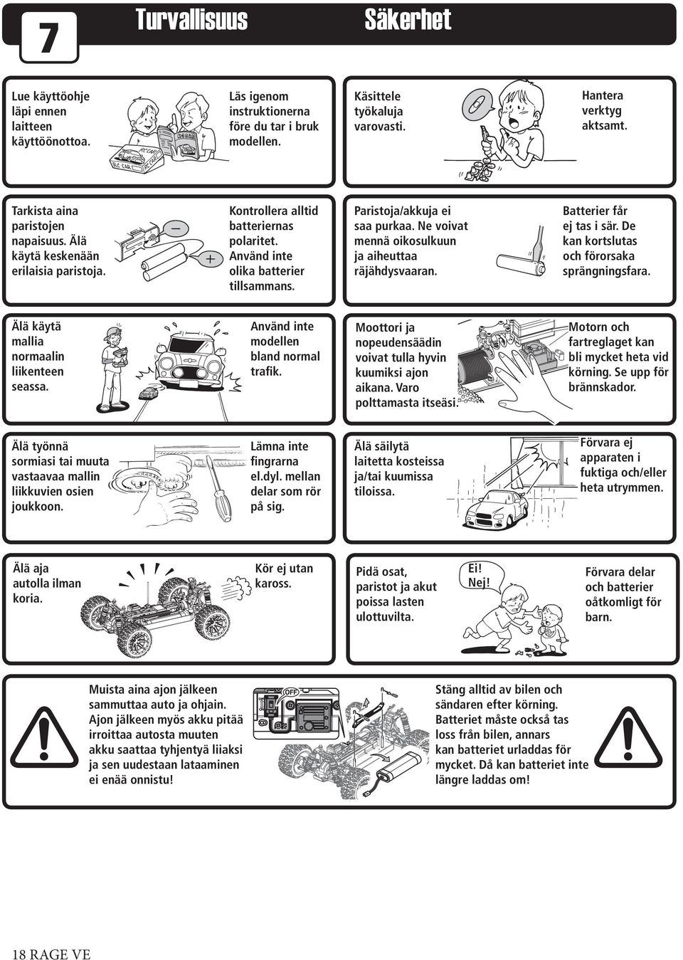 Ne voivat mennä oikosulkuun ja aiheuttaa räjähdysvaaran. Batterier får ej tas i sär. De kan kortslutas och förorsaka sprängningsfara. Älä käytä mallia normaalin liikenteen seassa.