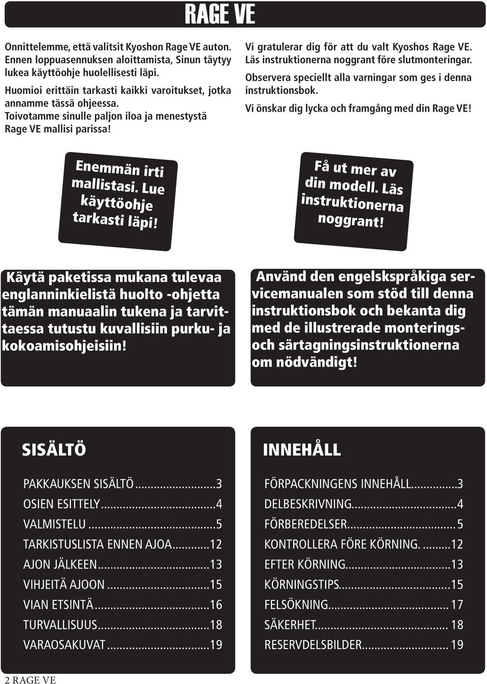 Läs instruktionerna noggrant före slutmonteringar. Observera speciellt alla varningar som ges i denna instruktionsbok. Vi önskar dig lycka och framgång med din Rage VE! Enemmän irti mallistasi.