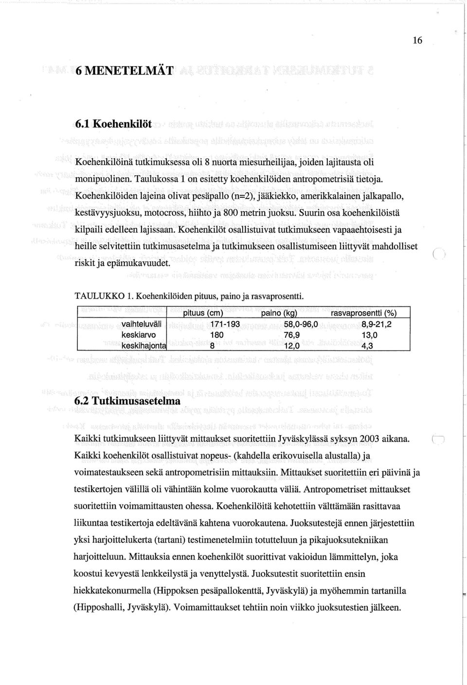 Koehenkilöt osallistuivat tutkimukseen vapaaehtoisesti ja heille selvitettiin tutkimusasetelma ja tutkimukseen osallistumiseen liittyvät mandolliset riskit ja epärnukavuudet. TAULUKKO 1.