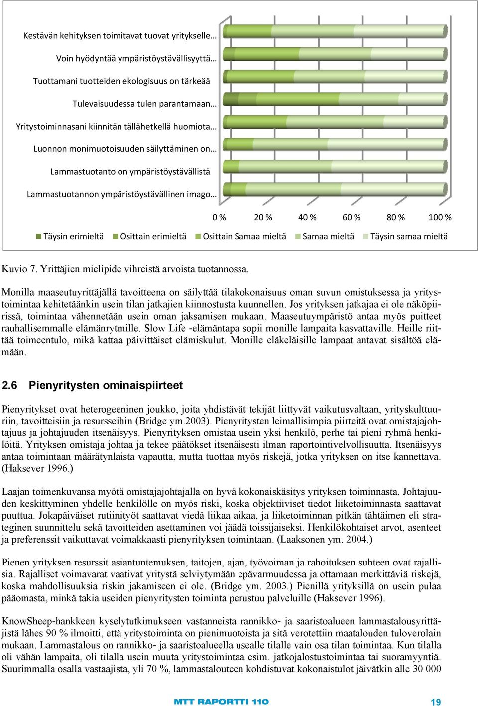 Osittain erimieltä Osittain Samaa mieltä Samaa mieltä Täysin samaa mieltä Kuvio 7. Yrittäjien mielipide vihreistä arvoista tuotannossa.