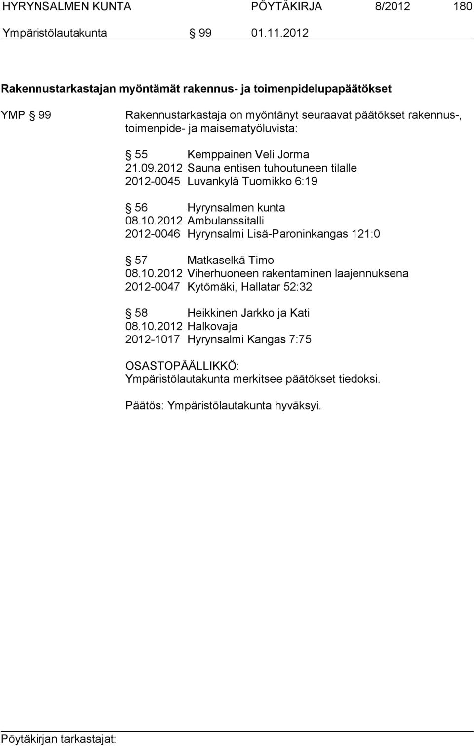 Kemppainen Veli Jorma 21.09.2012 Sauna entisen tuhoutuneen tilalle 2012-0045 Luvankylä Tuomikko 6:19 56 Hyrynsalmen kunta 08.10.