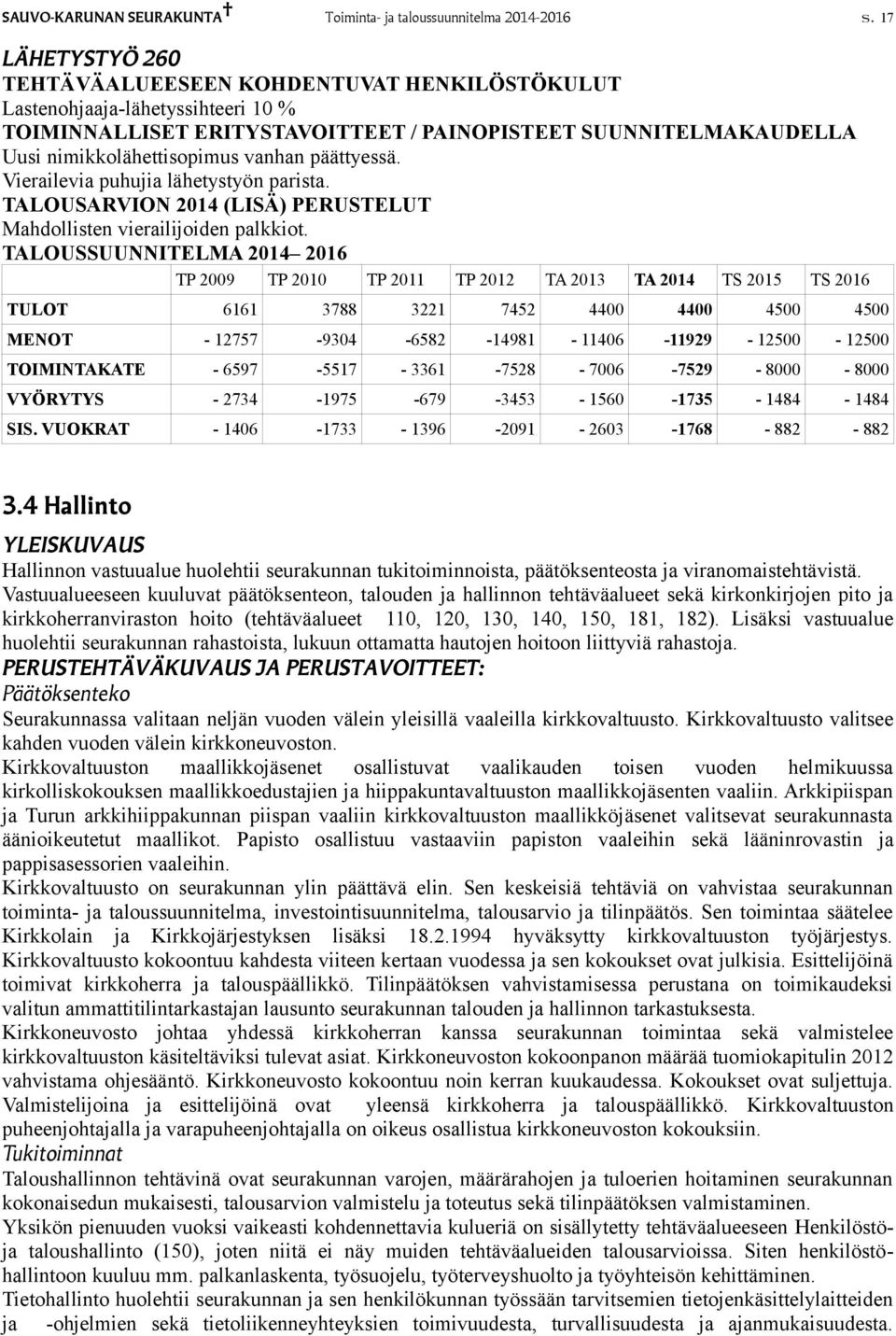 Vierailevia puhujia lähetystyön parista. TALOUSARVION 2014 (LISÄ) PERUSTELUT Mahdollisten vierailijoiden palkkiot.