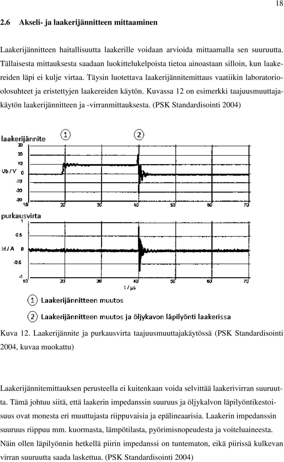 Täysin luotettava laakerijännitemittaus vaatiikin laboratorioolosuhteet ja eristettyjen laakereiden käytön. Kuvassa 12 on esimerkki taajuusmuuttajakäytön laakerijännitteen ja -virranmittauksesta.