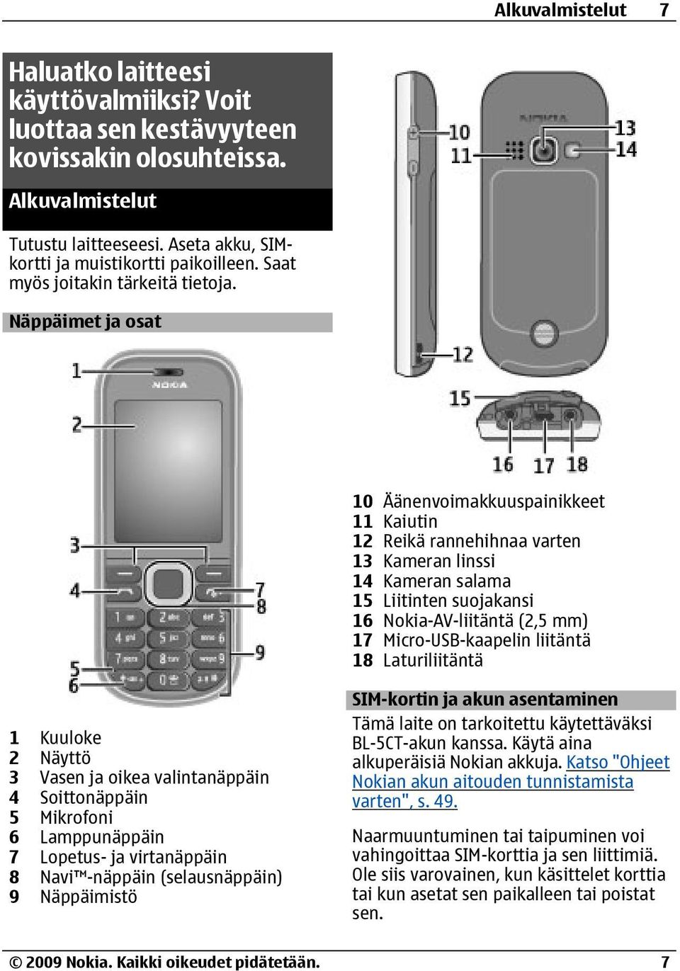 Näppäimet ja osat 10 Äänenvoimakkuuspainikkeet 11 Kaiutin 12 Reikä rannehihnaa varten 13 Kameran linssi 14 Kameran salama 15 Liitinten suojakansi 16 Nokia-AV-liitäntä (2,5 mm) 17 Micro-USB-kaapelin