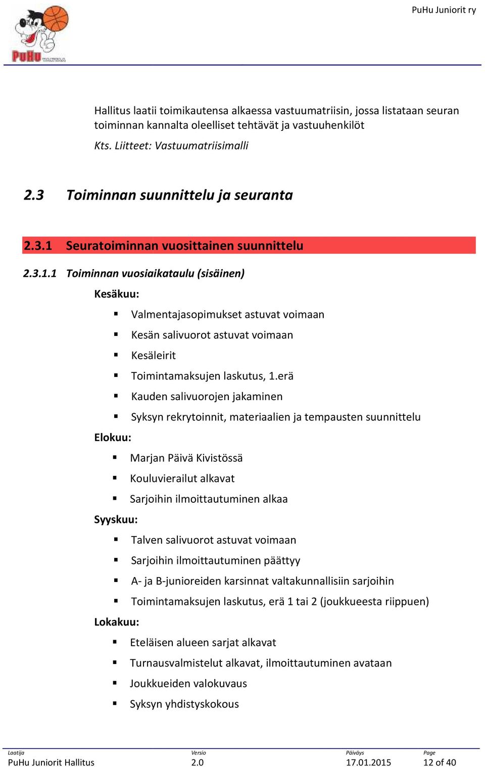 erä Kauden salivuorojen jakaminen Syksyn rekrytoinnit, materiaalien ja tempausten suunnittelu Elokuu: Marjan Päivä Kivistössä Kouluvierailut alkavat Sarjoihin ilmoittautuminen alkaa Syyskuu: Talven