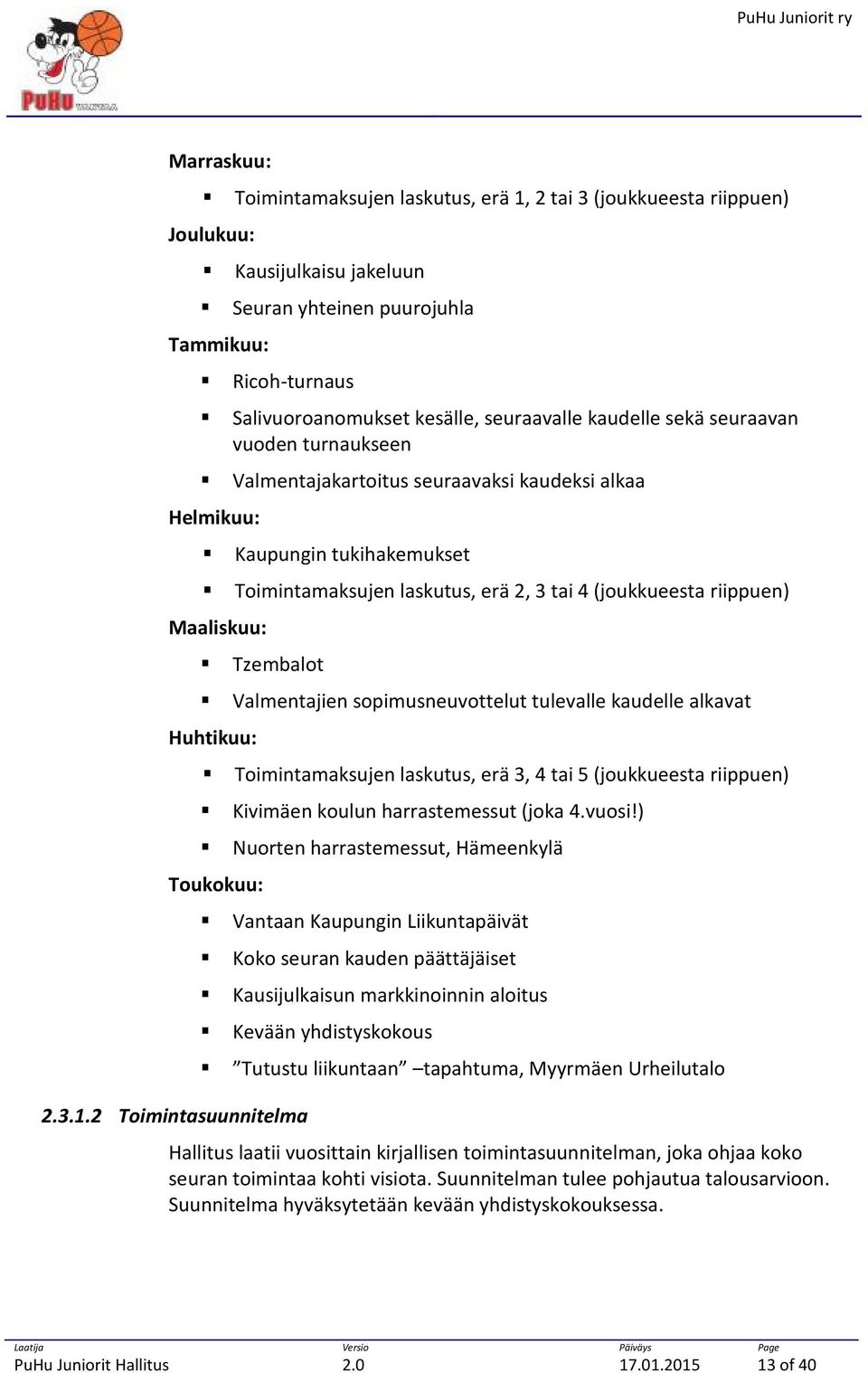 Maaliskuu: Tzembalot Valmentajien sopimusneuvottelut tulevalle kaudelle alkavat Huhtikuu: Toimintamaksujen laskutus, erä 3, 4 tai 5 (joukkueesta riippuen) Kivimäen koulun harrastemessut (joka 4.vuosi!