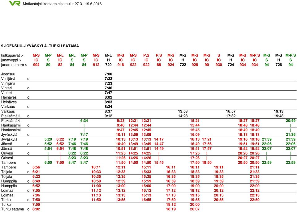 Heinävesi 8:03 Varkaus o 8:34 Varkaus 8:37 13:53 16:57 19:13 Pieksämäki o 9:12 14:28 17:32 19:48 Pieksämäki 6:34 9:23 12:21 12:21 15:21 18:27 18:27 20:49 Hankasalmi o 9:46 12:44 12:44 15:44 18:48