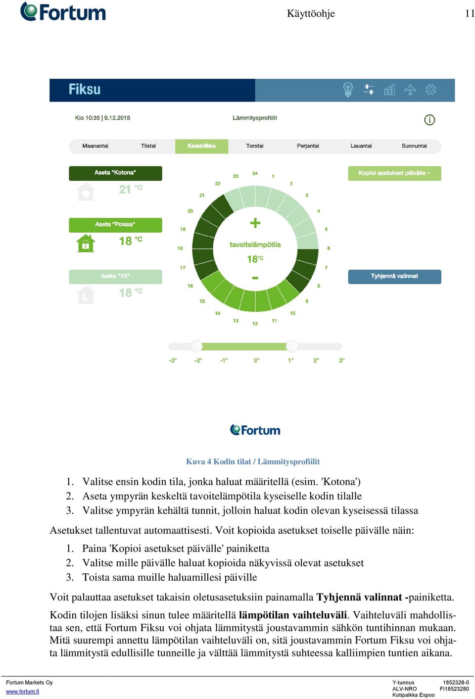 Paina 'Kopioi asetukset päivälle' painiketta 2. Valitse mille päivälle haluat kopioida näkyvissä olevat asetukset 3.