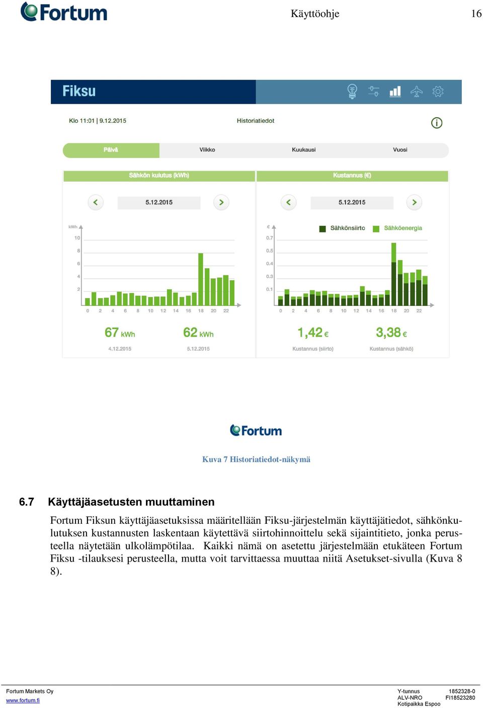 käyttäjätiedot, sähkönkulutuksen kustannusten laskentaan käytettävä siirtohinnoittelu sekä sijaintitieto, jonka