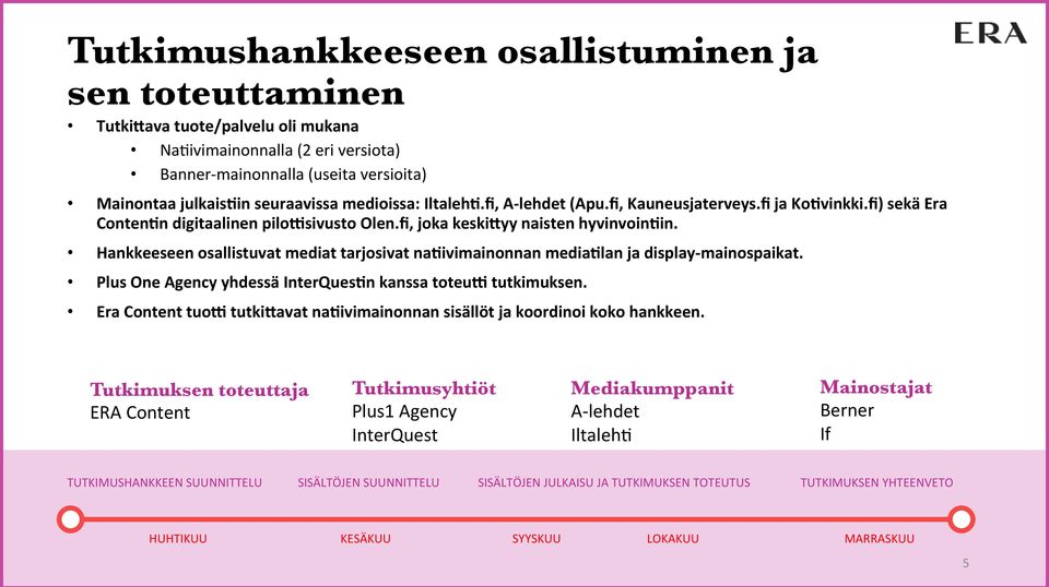 fi) sekä Era Conten$n digitaalinen pilossivusto Olen.fi, joka keski-yy naisten hyvinvoin$in. Hankkeeseen osallistuvat mediat tarjosivat na$ivimainonnan media$lan ja display- mainospaikat.