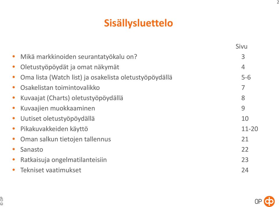 Osakelistan toimintovalikko 7 Kuvaajat (Charts) oletustyöpöydällä 8 Kuvaajien muokkaaminen 9 Uutiset