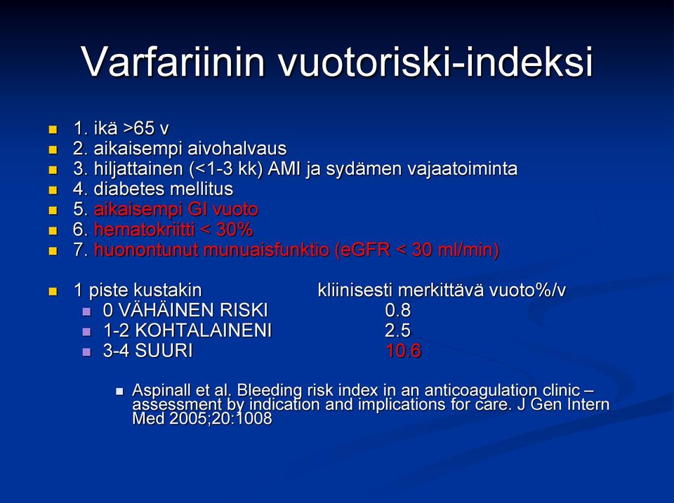 huonontunut munuaisfunktio (egfr < 30 ml/min) 1 piste kustakin kliinisesti merkittävä vuoto%/v 0 VÄHÄINEN RISKI 0.