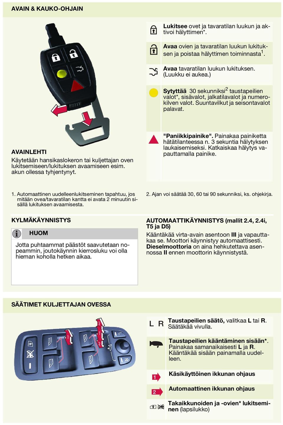 AVAINLEHTI Käytetään hansikaslokeron tai kuljettajan oven lukitsemiseen/lukituksen avaamiseen esim. akun ollessa tyhjentynyt. "Paniikkipainike". Painakaa painiketta hätätilanteessa n.