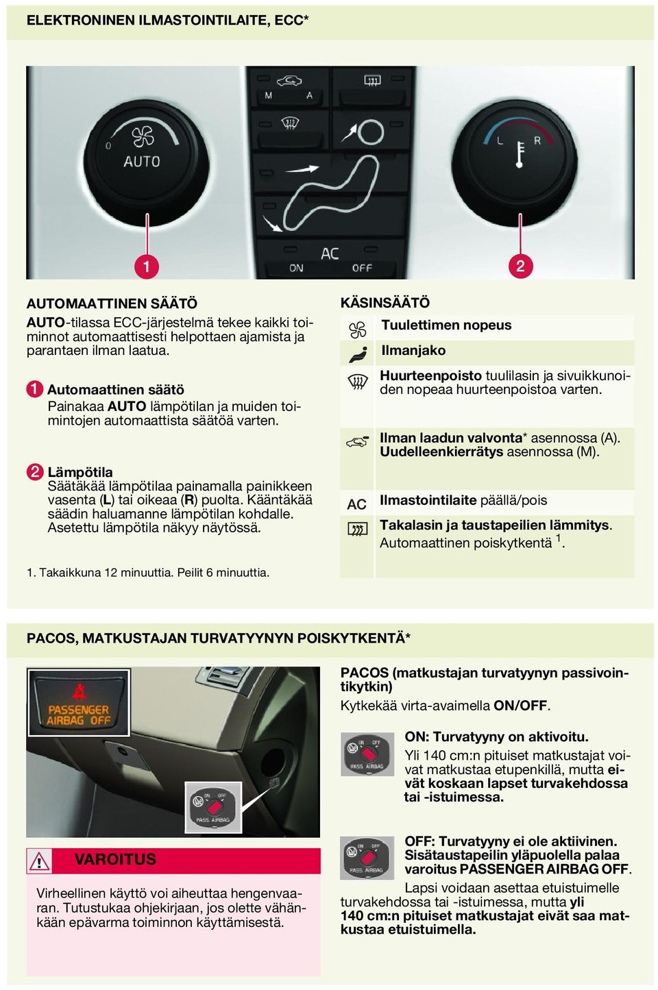 Kääntäkää säädin haluamanne lämpötilan kohdalle. Asetettu lämpötila näkyy näytössä. KÄSINSÄÄTÖ Tuulettimen nopeus Ilmanjako Huurteenpoisto tuulilasin ja sivuikkunoiden nopeaa huurteenpoistoa varten.