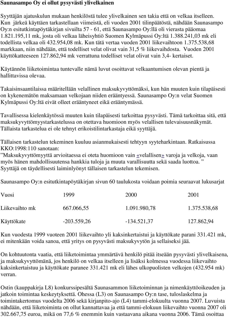 195,11 mk, josta oli velkaa läheisyhtiö Suomen Kylmäpussi Oy:ltä 1.388.241,03 mk eli todellista velkaa oli 432.954,08 mk. Kun tätä vertaa vuoden 2001 liikevaihtoon 1.375.