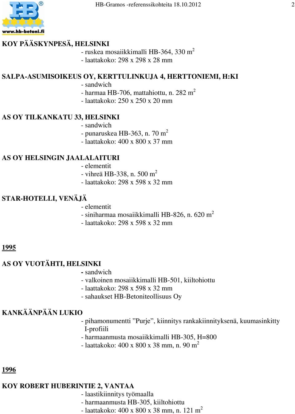 282 m 2 - laattakoko: 250 x 250 x 20 mm AS OY TILKANKATU 33, HELSINKI - punaruskea HB-363, n. 70 m 2 - laattakoko: 400 x 800 x 37 mm AS OY HELSINGIN JAALALAITURI - elementit - vihreä HB-338, n.