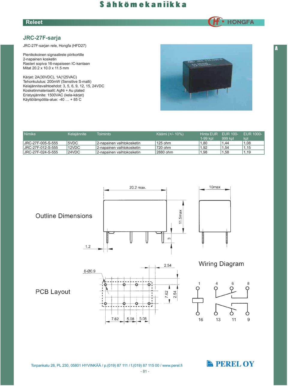 5 mm Kärjet: 2A(30VDC), 1A(125VAC) Tehonkulutus: 200mW (Sensitive S-malli) Kelajännitevaihtoehdot: 3, 5, 6, 9, 12, 15, 24VDC Kosketinmateriaalit: AgNi + Au