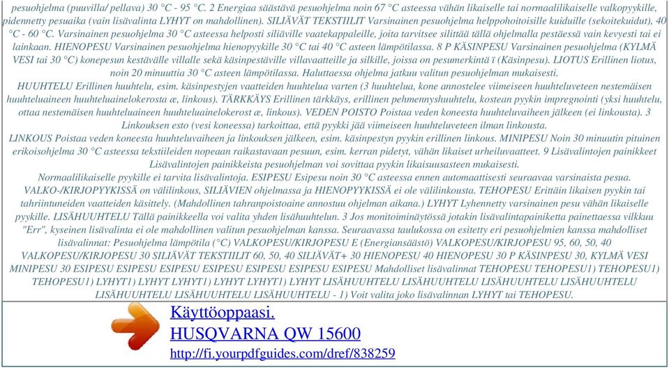 SILIÄVÄT TEKSTIILIT Varsinainen pesuohjelma helppohoitoisille kuiduille (sekoitekuidut), 40 C - 60 C.