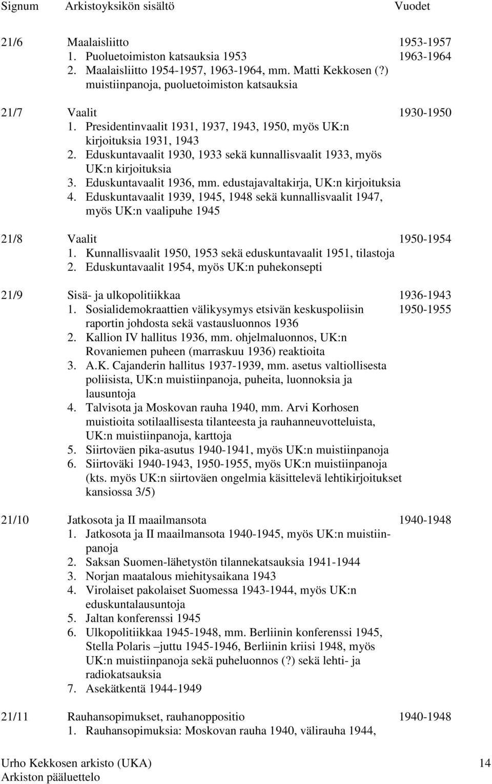 Eduskuntavaalit 1930, 1933 sekä kunnallisvaalit 1933, myös UK:n kirjoituksia 3. Eduskuntavaalit 1936, mm. edustajavaltakirja, UK:n kirjoituksia 4.