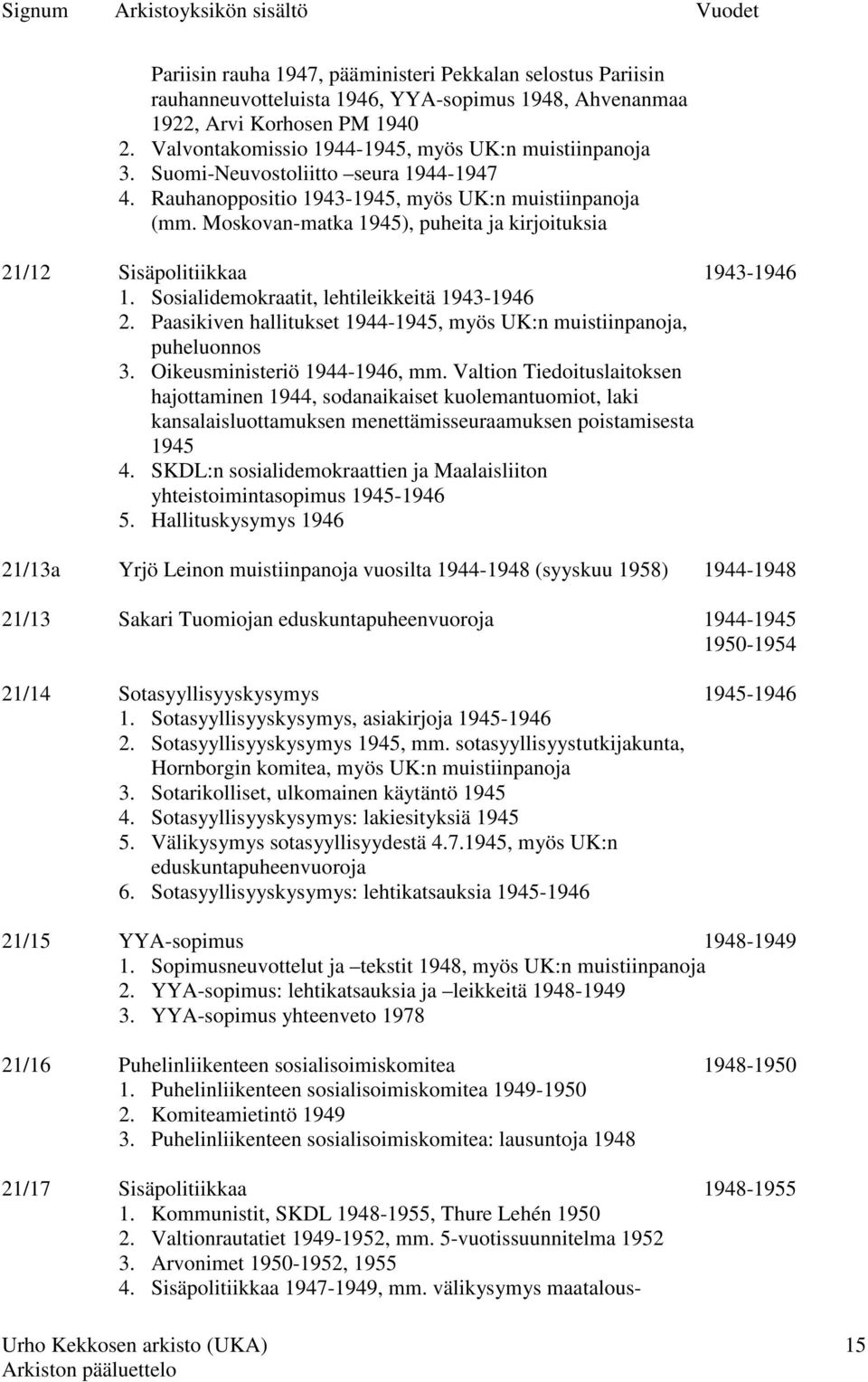 Moskovan-matka 1945), puheita ja kirjoituksia 21/12 Sisäpolitiikkaa 1943-1946 1. Sosialidemokraatit, lehtileikkeitä 1943-1946 2.