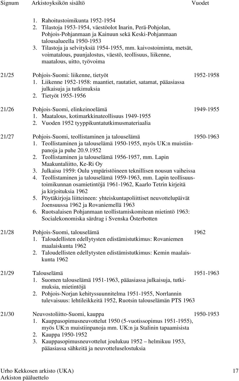 Liikenne 1952-1958: maantiet, rautatiet, satamat, pääasiassa julkaisuja ja tutkimuksia 2. Tietyöt 1955-1956 21/26 Pohjois-Suomi, elinkeinoelämä 1949-1955 1.