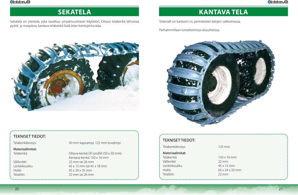 Kantava tela Tekniset tiedot: Telakenkäleveys Materiaalimitat: Telakenkä Välilenkki Lenkkikoukku Hokki Telaliitin 50 mm kapeampi, 125 mm leveämpi Ottava-kenkä OF-profiili (50 x