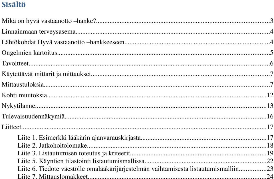 ..17 Liite 1. Esimerkki lääkärin ajanvarauskirjasta...17 Liite 2. Jatkohoitolomake...18 Liite 3. Listautumisen toteutus ja kriteerit...19 Liite 5.