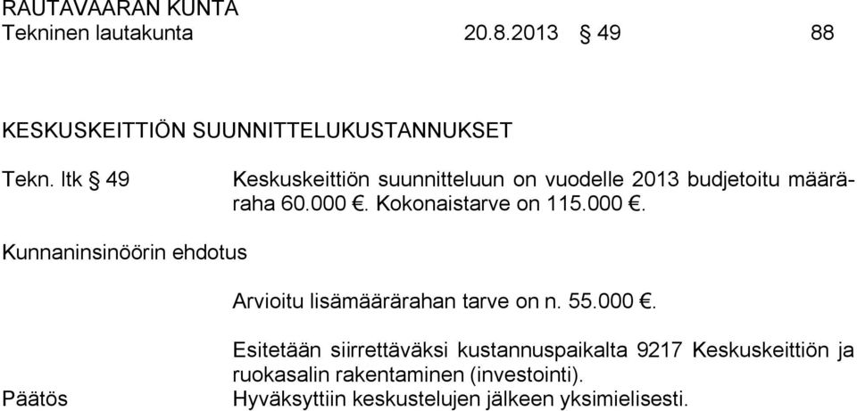 Kokonaistarve on 115.000. Kunnaninsinöörin ehdotus Arvioitu lisämäärärahan tarve on n. 55.